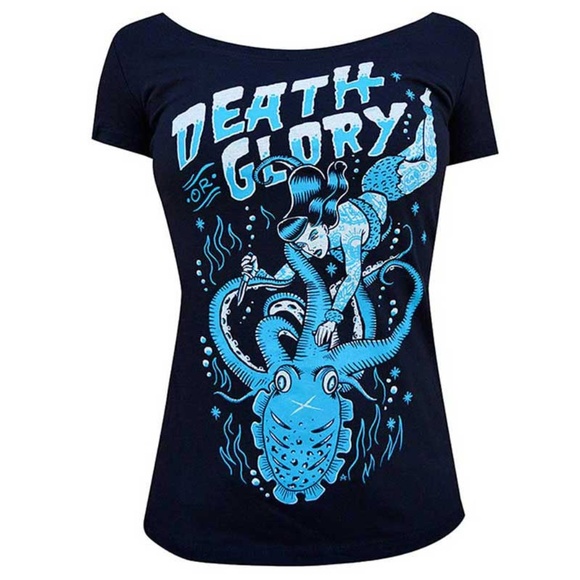 Death or Glory Rockabilly Pin Up Blue Fitted Tee S-M-L-XL-XXL NWT - Picture 1 of 4